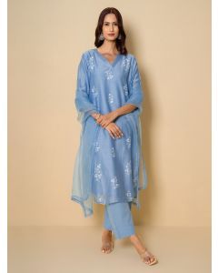 Blue Embroidered Chanderi Suit- Set of 3