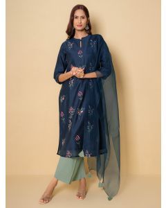 Navy Blue Embroidered Chanderi Suit - Set of 3