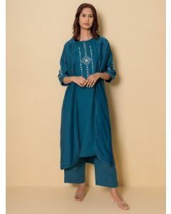 Teal Blue Embroidered Cotton Kurta with Jacket and Pants - Set of 3