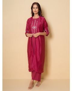 Pink Embroidered Cotton Kurta with Jacket and Pants - Set of 3