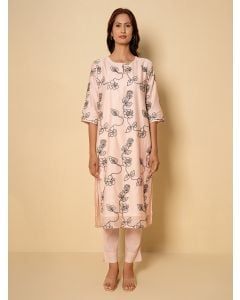 Peach Embroidered Chanderi Kurta with Pants- Set of 2
