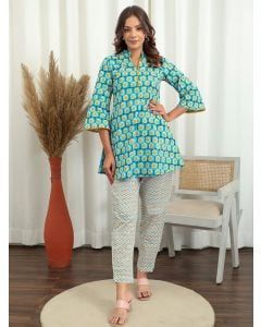 Sky Blue Yellow Hand Block Printed Cotton Co-ord Set- Set of 2