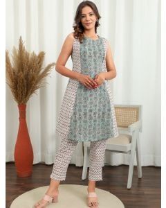 Green White Hand Block Printed Cotton Kurta with Pants- Set of 2