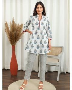 White Hand Block Printed Cotton Co-ord Set- Set of 2