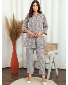 Grey Red Hand Block Printed Cotton Co-ord Set- Set of 2