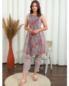 Grey  White Hand Block Printed Cotton Kurta with Pants- Set of 2