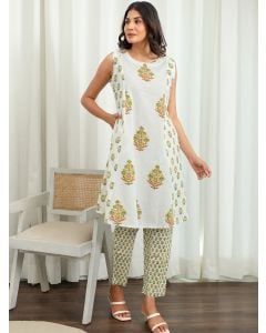 White Green Hand Block Printed Cotton Kurta with Pants- Set of 2