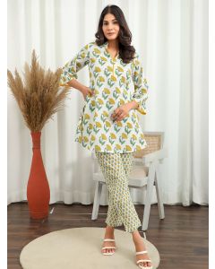 Yellow Green Hand Block Printed Cotton Co-ord Set- Set of 2
