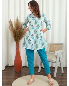 Sky Blue Hand Block Printed Cotton Co-ord Set- Set of 2