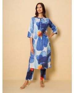 Blue Printed Cotton Kurta with Pants- Set of 2