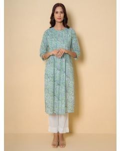 Sea Green Hand Block Printed Cotton Kurta with Pants - Set of 2