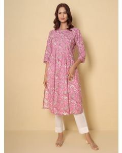 Pink Hand Block Printed Cotton Kurta with Pants - Set of 2