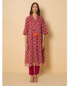Maroon Printed Kota Doria Kurta with Pants- Set of 2
