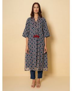 Blue Printed Kota Doria Kurta with Pants- Set of 2