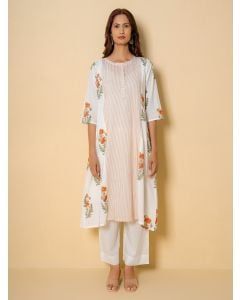 Ivory Hand Block Printed Cotton Kurta with Pants- Set of 2
