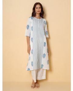 Ivory Blue Hand Block Printed Cotton Kurta with Pants- Set of 2
