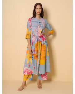 Sky Blue Printed Cotton Kurta with Pants- Set of 2