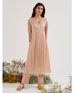 Pink Aari Embroidered Tissue Kurta with Pants - Set of 2