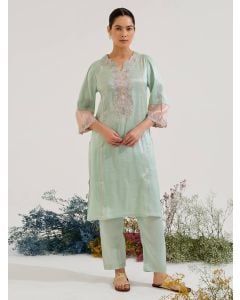 Mint Green Applique Work Tissue Kurta with Pants - Set of 2