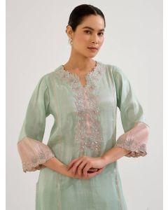 Mint Green Applique Work Tissue Kurta with Pants - Set of 2