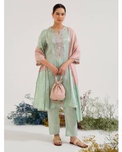 Mint Green Pink Striped Chanderi Dupatta
