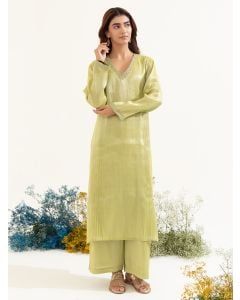 Lime Green Aari Embroidered Tissue Kurta with Pants - Set of 2