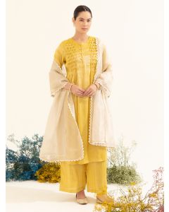 Mustard Yellow Sequins Work Tissue Kurta with Pants - Set of 2