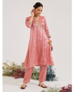 Red Aari Embroidered Zari Tissue Kurta with Pants - Set of 2