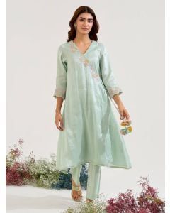 Mint Green Aari Embroidered Zari Tissue Kurta with Pants - Set of 2