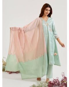 Mint Green Pink Striped Chanderi Dupatta