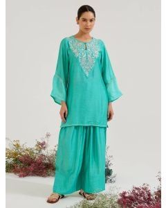 Aqua Green Embroidered Chanderi Kurta with Salwar - Set of 2