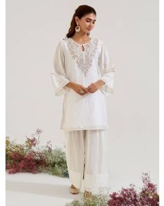 White Embroidered Chanderi Kurta with Salwar - Set of 2
