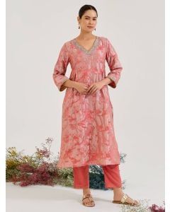 Pink Embroidered Map Jacquard Kurta with Pants - Set of 2