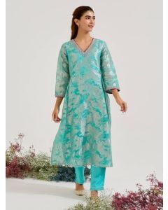 Aqua Blue Embroidered Map Jacquard Kurta with Pants - Set of 2