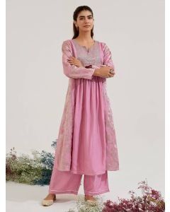 Lilac Hand Embroidered Map Jacquard Kurta with Pants - Set of 2