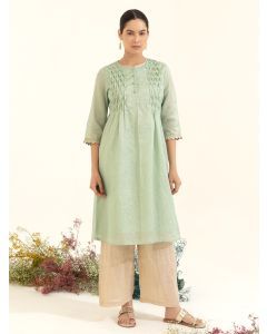 Mint Green Striped Chanderi Kurta with slip and Pants - Set of 2