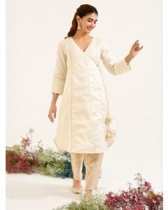 White Golden Striped Chanderi Kurta with Pants - Set of 2