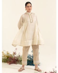 White Golden Striped Chanderi Aari Embroidered Tunic with Slip and Pants - Set of 2