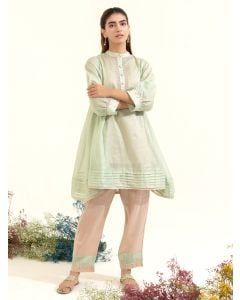 Mint Green Striped Chanderi Aari Embroidered Tunic with Slip and Pants - Set of 2