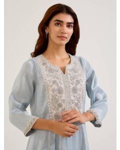 Sky Blue Dori Embroidered Tissue Kurta with Pants - Set of 2