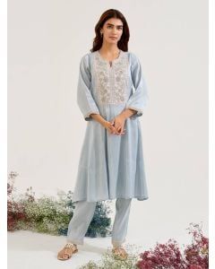 Sky Blue Dori Embroidered Tissue Kurta with Pants - Set of 2