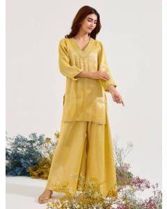 Mustard Yellow Aari Embroidered Tissue Kurta with Sharara - Set of 2