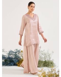 Pink Aari Embroidered Tissue Kurta with Sharara - Set of 2