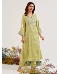 Lime Green Aari Embroidered Zari Tissue Kurta with Pants - Set of 2