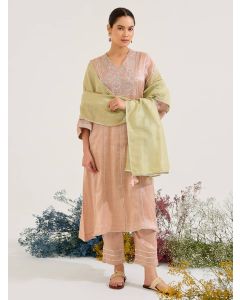 Peach Aari Embroidered Zari Tissue Kurta with Pants - Set of 2