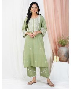 Green Embroidered Cotton Kurta with Pants - Set of 2