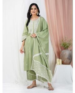 Green Embroidered Cotton Suit - Set of 3