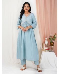 Sky Blue Embroidered Cotton Kurta with Pants - Set of 2