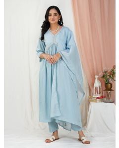 Sky Blue Embroidered Cotton Suit - Set of 3