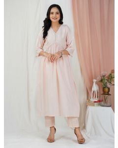 Pink Embroidered Cotton Kurta with Pants - Set of 2